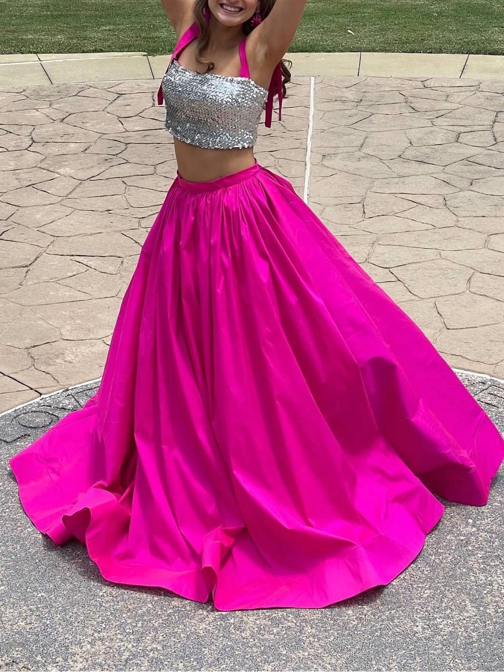 Tarik Ediz Hot Pink Satin Ball Gown with Silver Sequin Crop Top